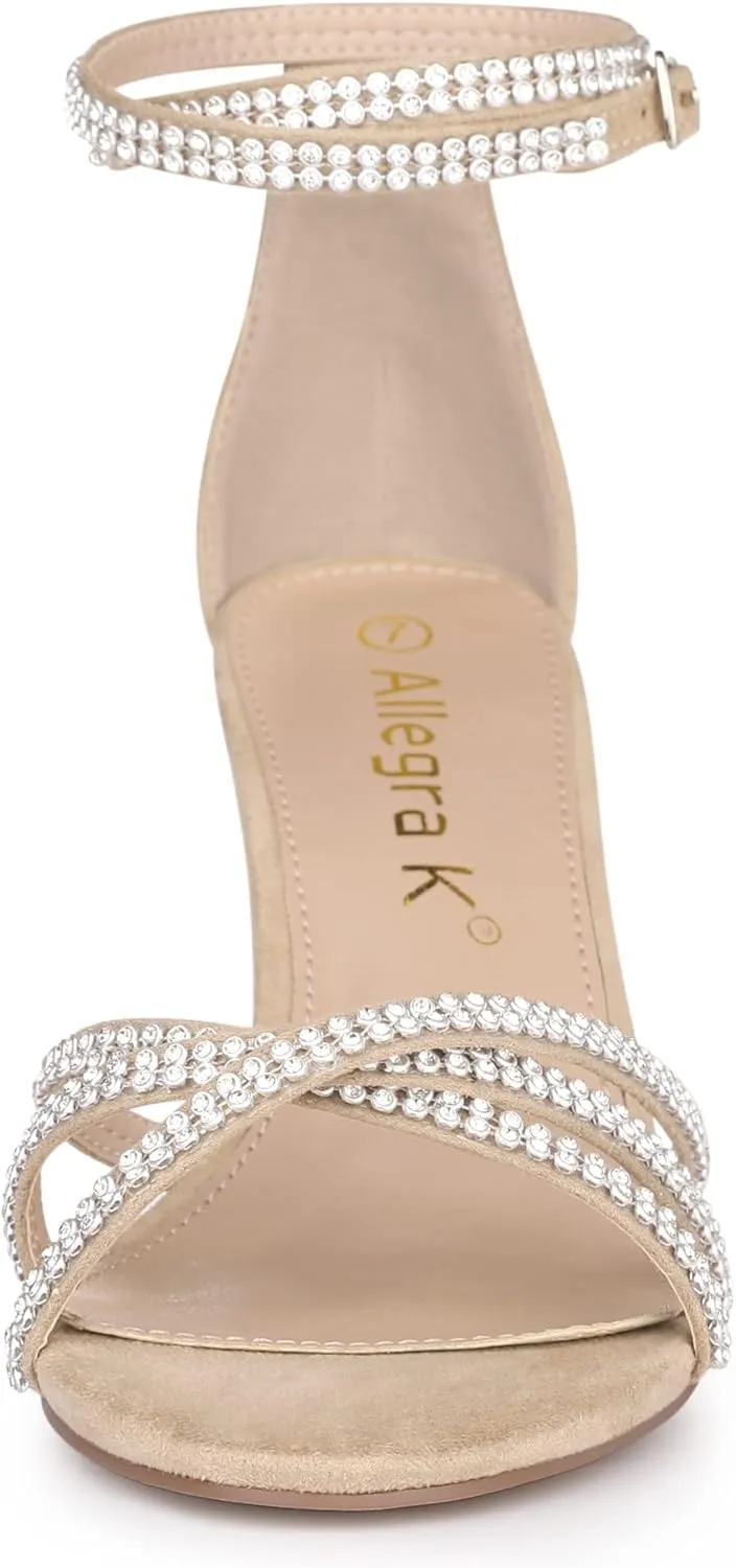 Allegra K Women's Rhinestones Strappy Chunky Heel Sandals