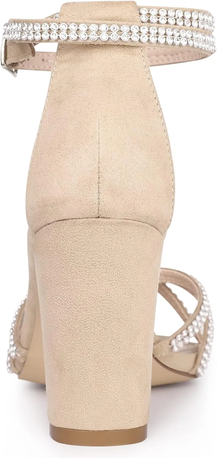 Allegra K Women's Rhinestones Strappy Chunky Heel Sandals