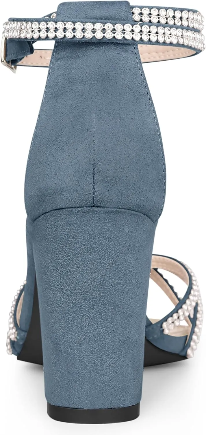 Allegra K Women's Rhinestones Strappy Chunky Heel Sandals