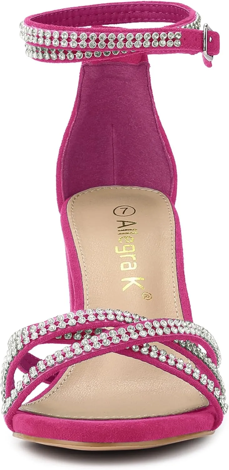 Allegra K Women's Rhinestones Strappy Chunky Heel Sandals