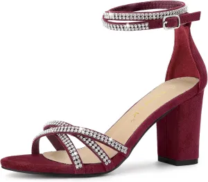 Allegra K Women's Rhinestones Strappy Chunky Heel Sandals