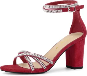 Allegra K Women's Rhinestones Strappy Chunky Heel Sandals
