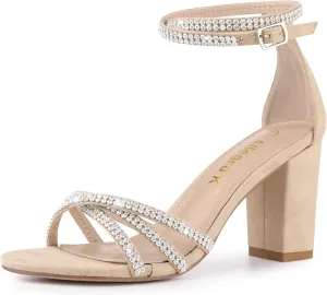 Allegra K Women's Rhinestones Strappy Chunky Heel Sandals