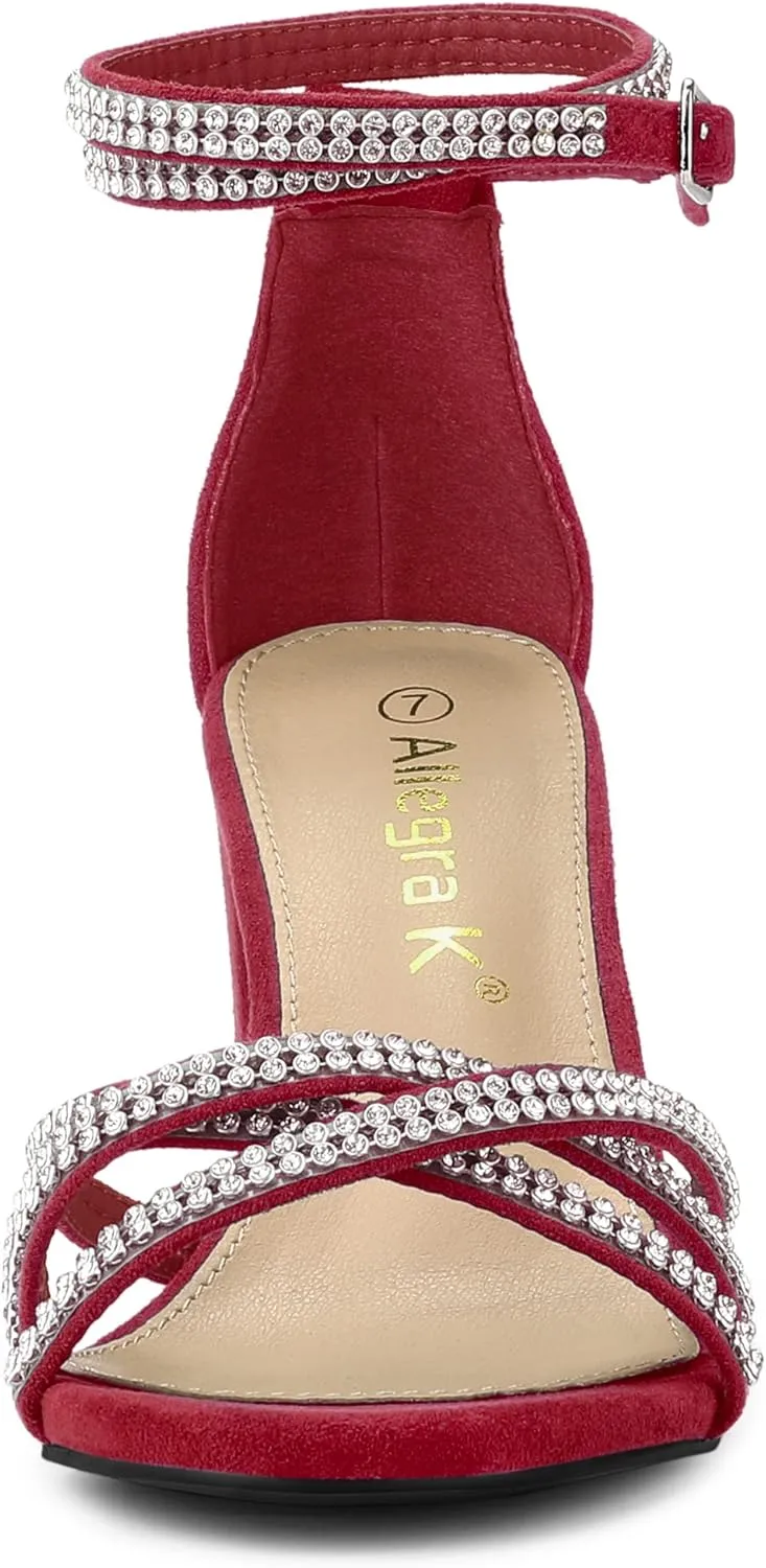 Allegra K Women's Rhinestones Strappy Chunky Heel Sandals