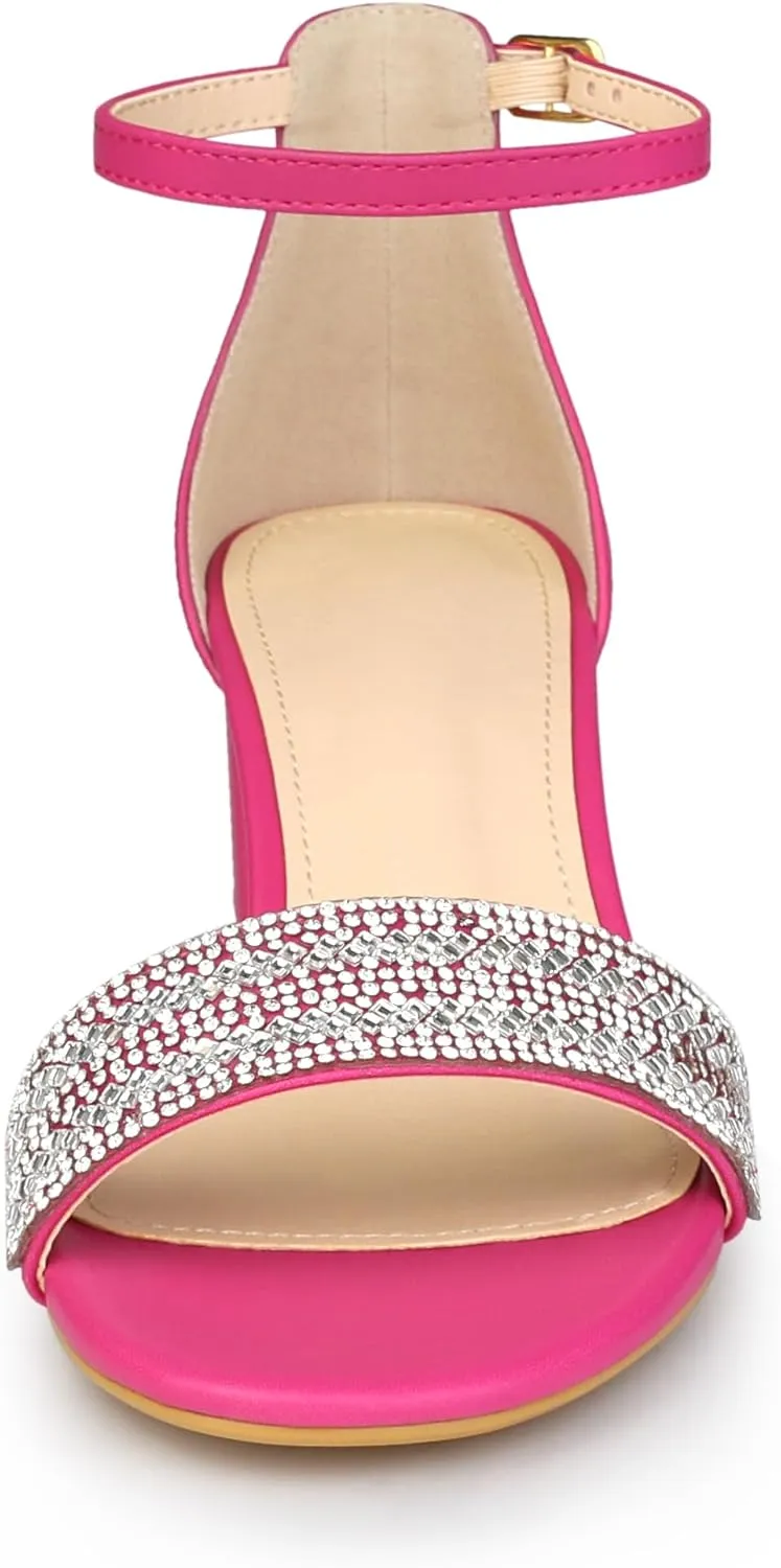 Allegra K Women's Sparkly Rhinestone Ankle Strap Chunky Heel Sandals