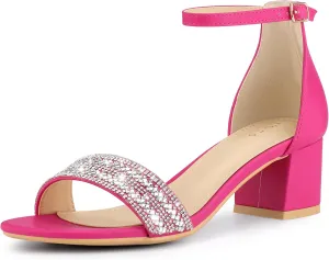 Allegra K Women's Sparkly Rhinestone Ankle Strap Chunky Heel Sandals