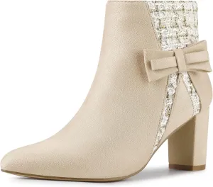 Allegra K Women's Tweed Plaid Heels Boot Bow Block Heels Ankle Boots