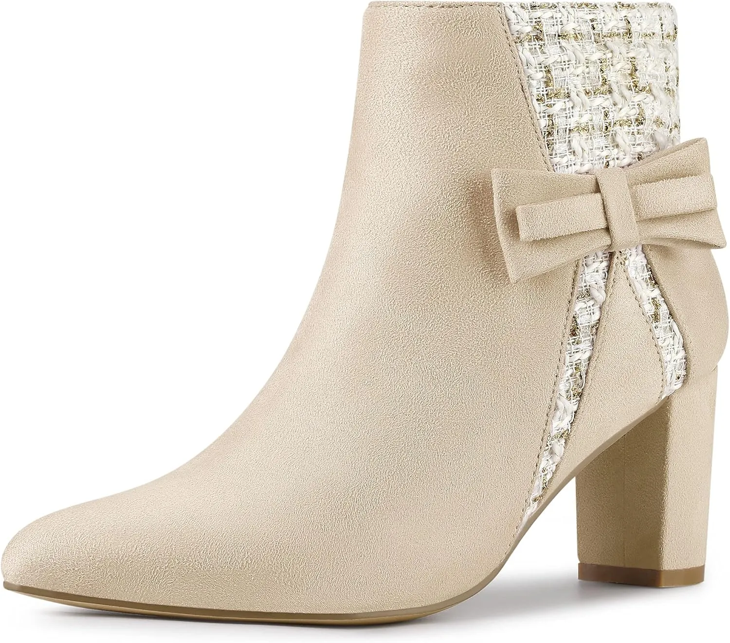 Allegra K Women's Tweed Plaid Heels Boot Bow Block Heels Ankle Boots