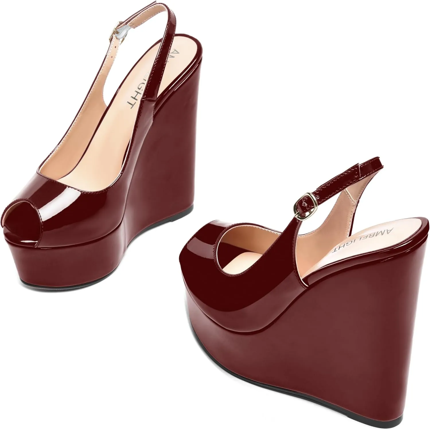 AMBELIGHT Womens Patent Buckle Cute Platform Adjustable Strap Peep Toe Party Wedge High Heel Pumps Shoes 6 Inch