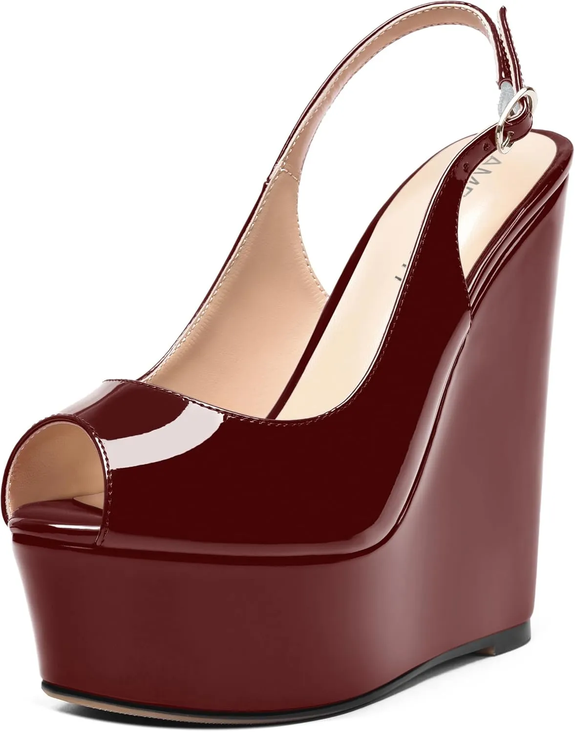 AMBELIGHT Womens Patent Buckle Cute Platform Adjustable Strap Peep Toe Party Wedge High Heel Pumps Shoes 6 Inch