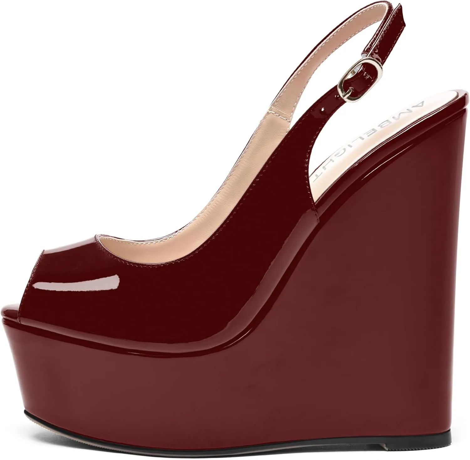 AMBELIGHT Womens Patent Buckle Cute Platform Adjustable Strap Peep Toe Party Wedge High Heel Pumps Shoes 6 Inch