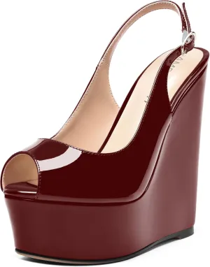 AMBELIGHT Womens Patent Buckle Cute Platform Adjustable Strap Peep Toe Party Wedge High Heel Pumps Shoes 6 Inch