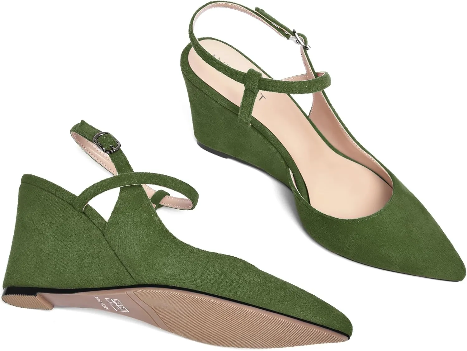 AMBELIGHT Womens Solid Pointed Toe Buckle Bridal Ankle Strap Sexy Suede Wedge High Heel Pumps Shoes 3.3 Inch