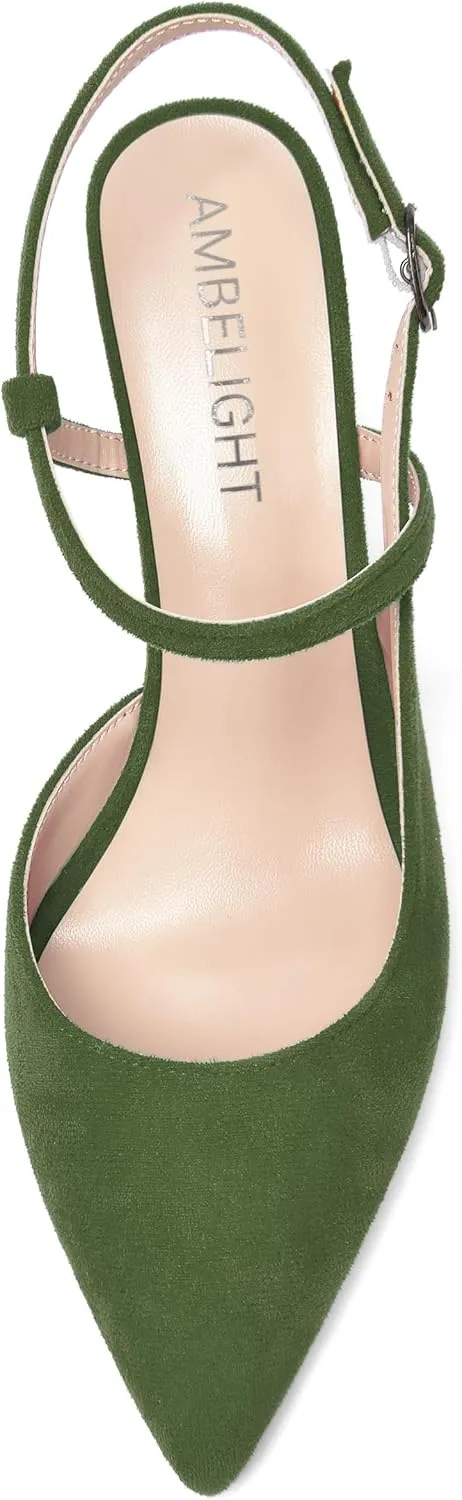 AMBELIGHT Womens Solid Pointed Toe Buckle Bridal Ankle Strap Sexy Suede Wedge High Heel Pumps Shoes 3.3 Inch
