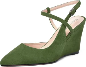 AMBELIGHT Womens Solid Pointed Toe Buckle Bridal Ankle Strap Sexy Suede Wedge High Heel Pumps Shoes 3.3 Inch