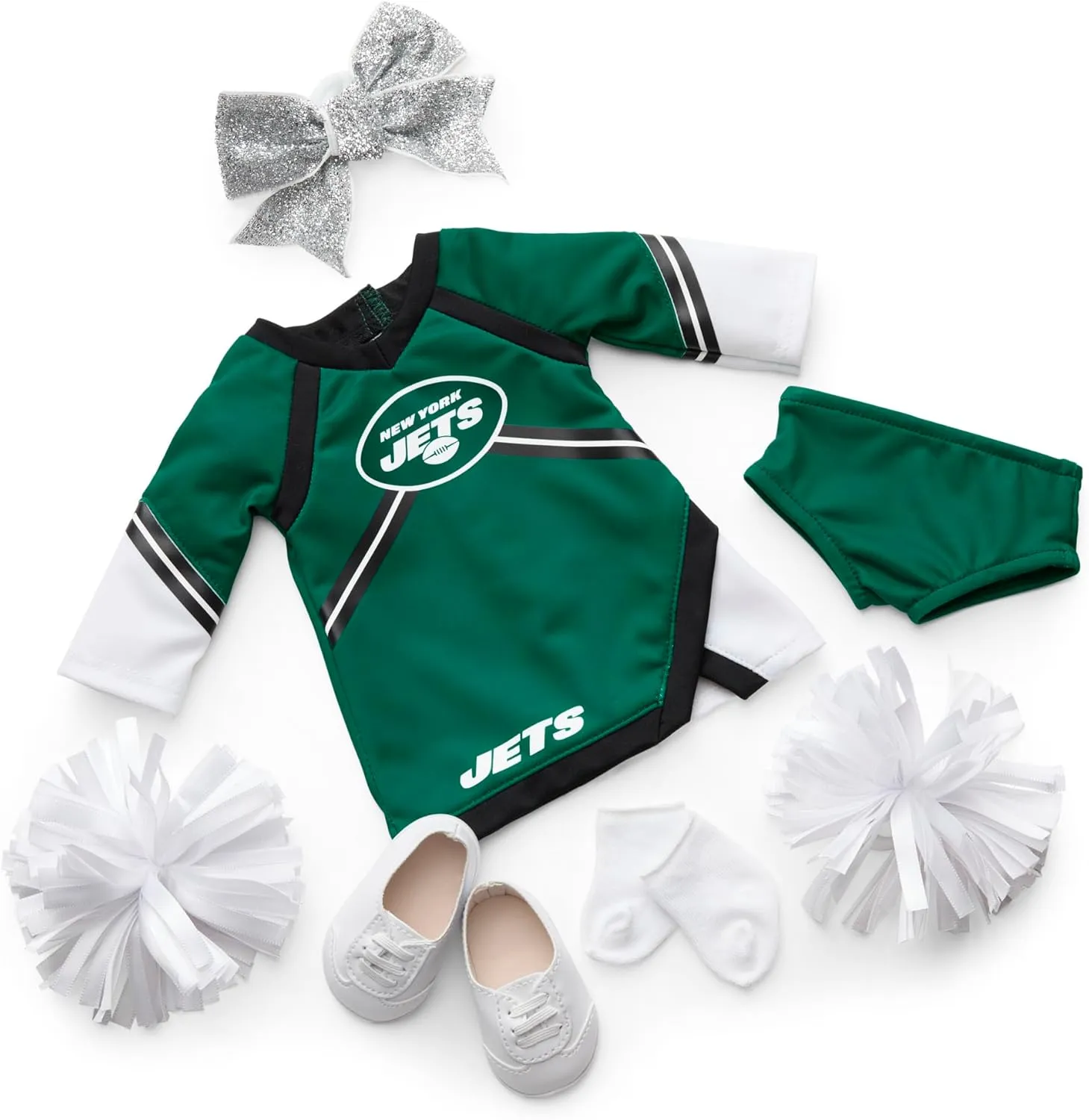 American Girl New York Jets Cheer Uniform 18 inch Doll Clothes with Pom Poms, Green and Black, 5 pcs, Ages 6 