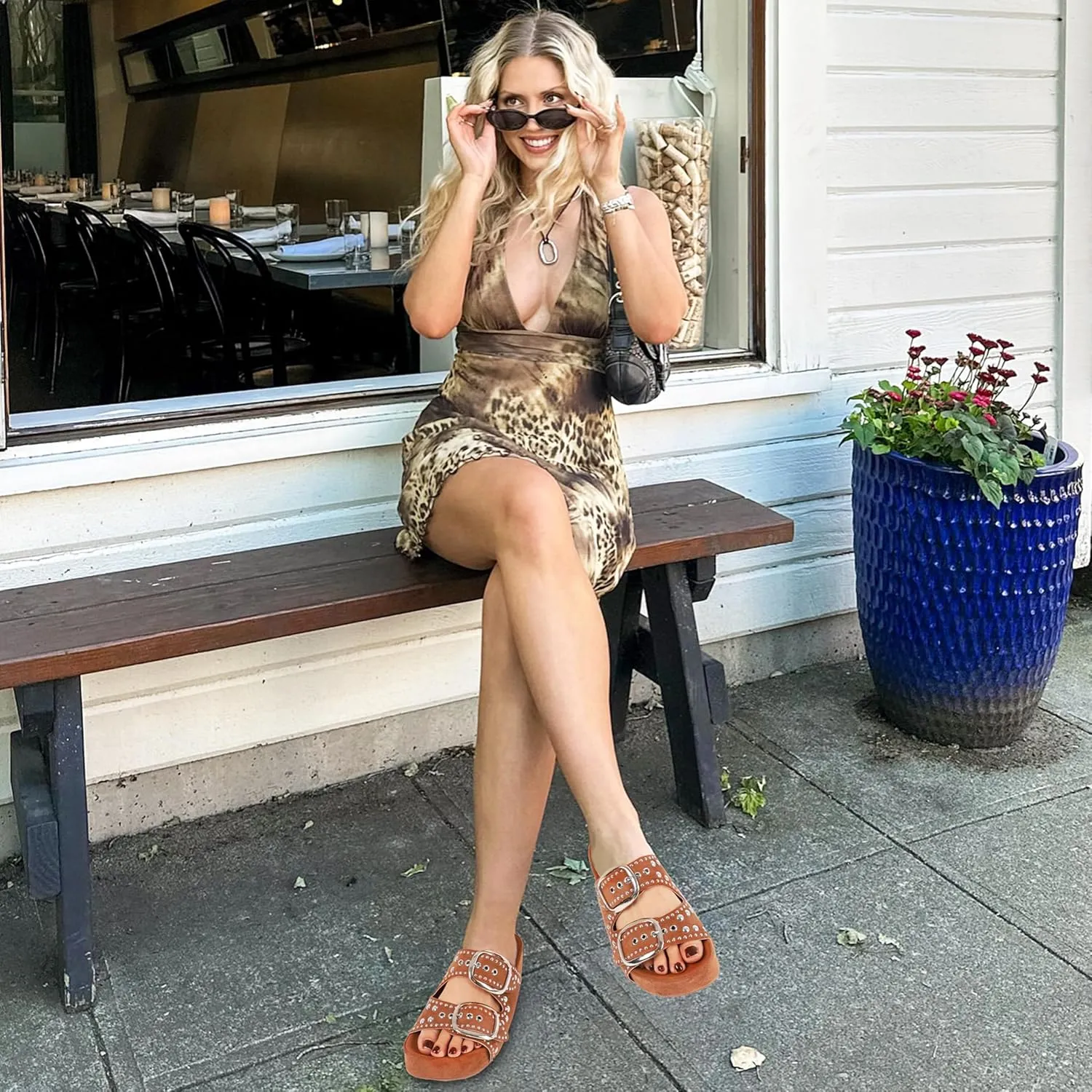 AMINUGAL Flat Sandals for Women Dressy Summer Raffia Platform Sandals Women Beach Platform Slides for Women Open Toe Straw Woven Sandals Women Buckle Womens Flat Sandals