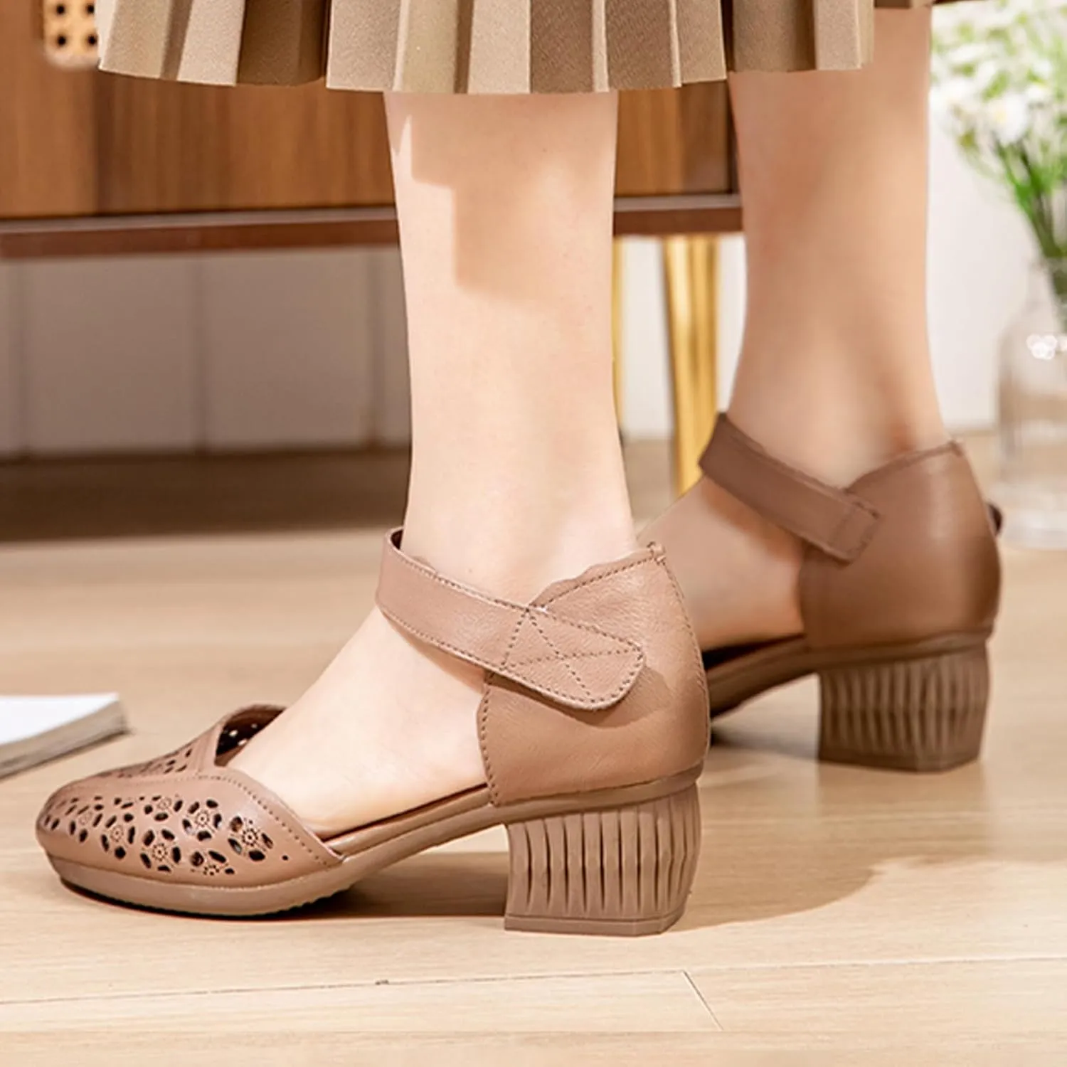 AngryMonkey Women's Leather Closed Toe Chunky Block Heel Dress Shoes,Summer Comfort Cutout Adjustable Casual Mary Jane Sandals
