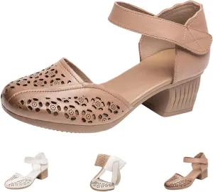 AngryMonkey Women's Leather Closed Toe Chunky Block Heel Dress Shoes,Summer Comfort Cutout Adjustable Casual Mary Jane Sandals