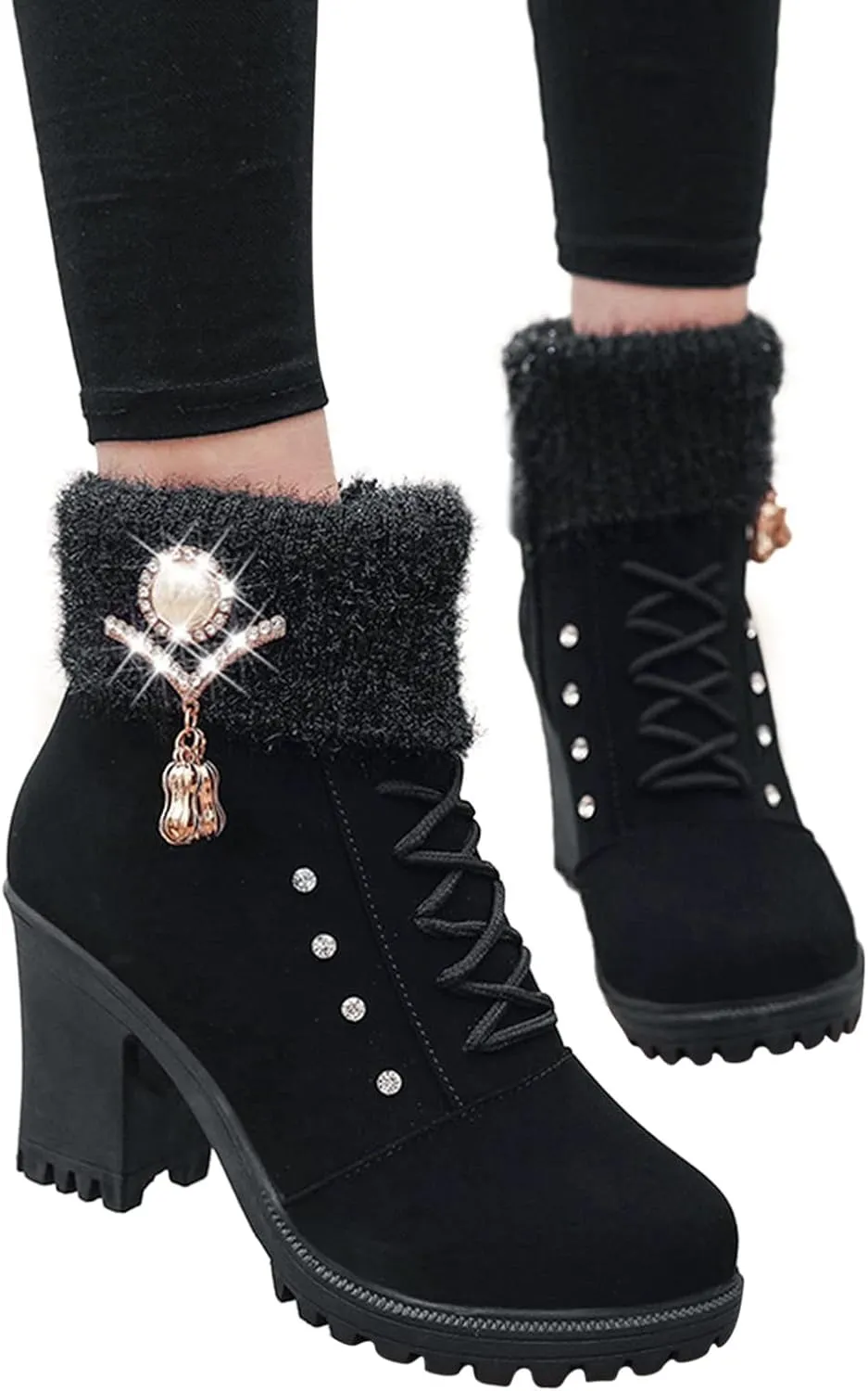 Aniywn Ankle Boots,Women Winter Chunky High Heels Boots Fall Combat Lace Up Booties Platform Shoes