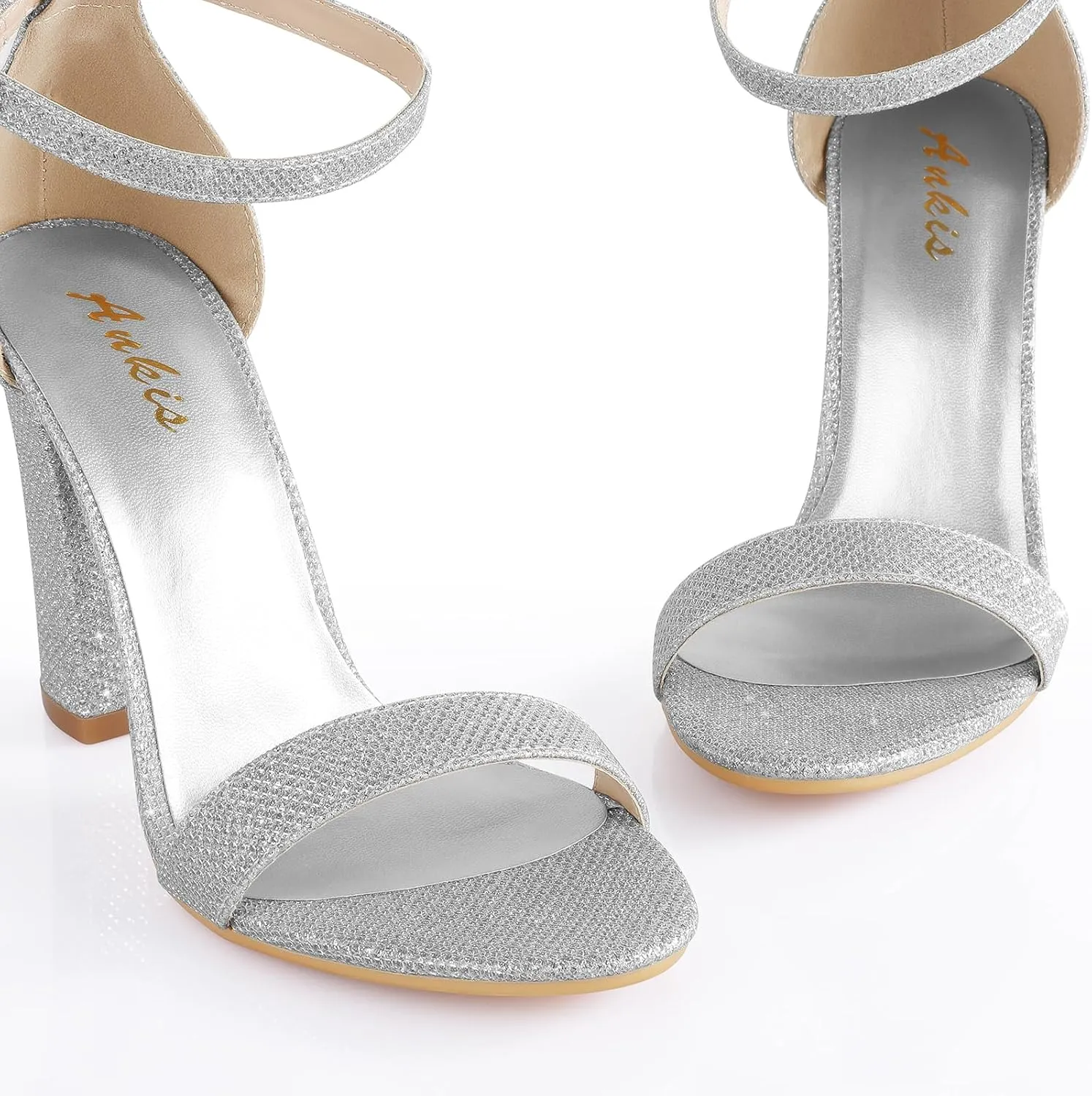 Ankis Nude Black Silver Clear Heels for Women Open Toe Ankle Strap Chunky Heel Pump Sandals Party Wedding Strappy Buckle Sandals Standard Size 4 Inches Tall Thick Heel Design