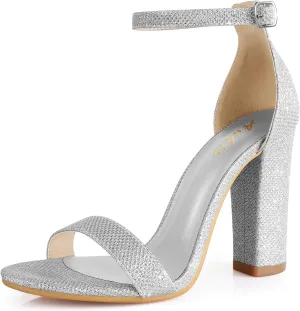 Ankis Nude Black Silver Clear Heels for Women Open Toe Ankle Strap Chunky Heel Pump Sandals Party Wedding Strappy Buckle Sandals Standard Size 4 Inches Tall Thick Heel Design