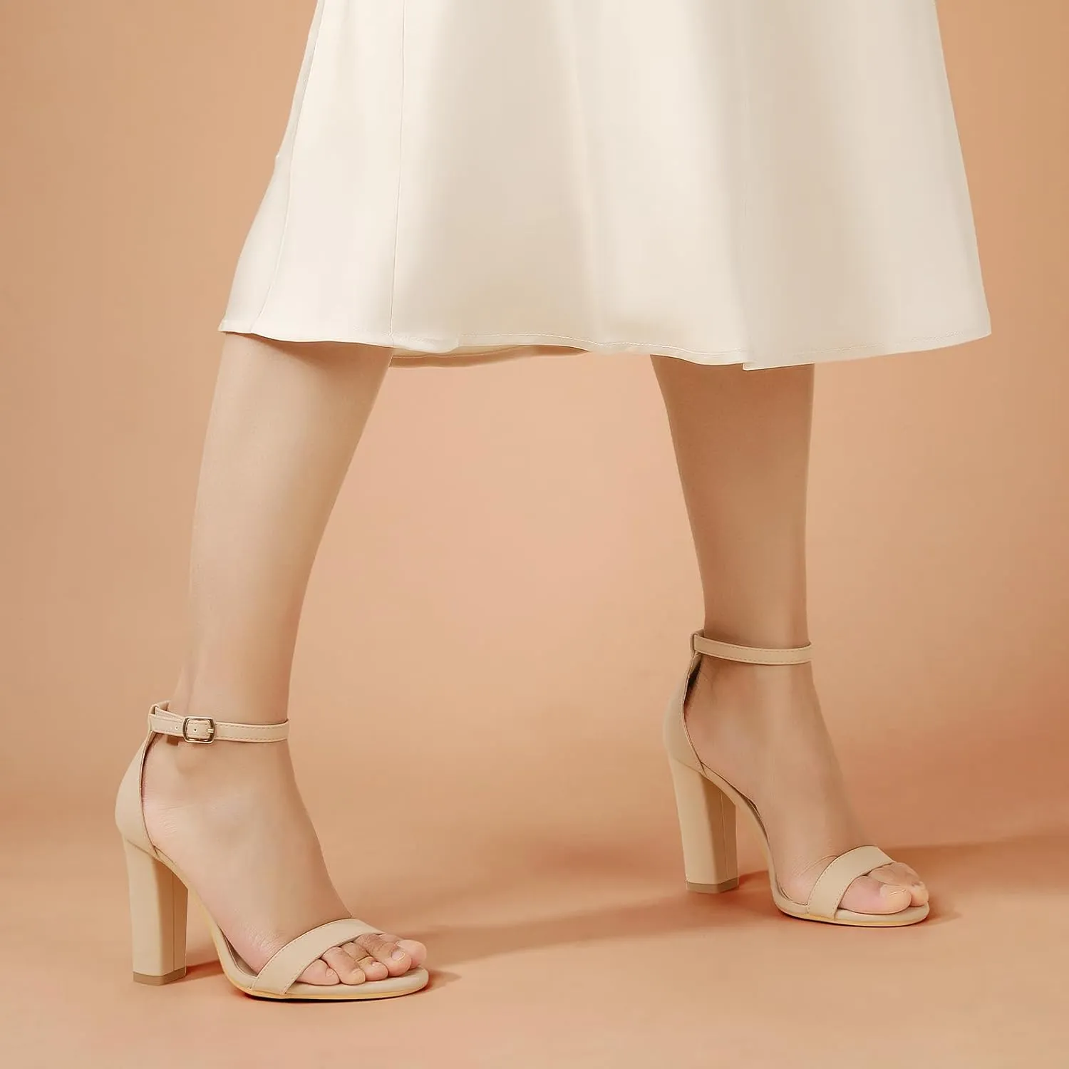 Ankis Nude Black Silver Clear Heels for Women Open Toe Ankle Strap Chunky Heel Pump Sandals Party Wedding Strappy Buckle Sandals Standard Size 4 Inches Tall Thick Heel Design