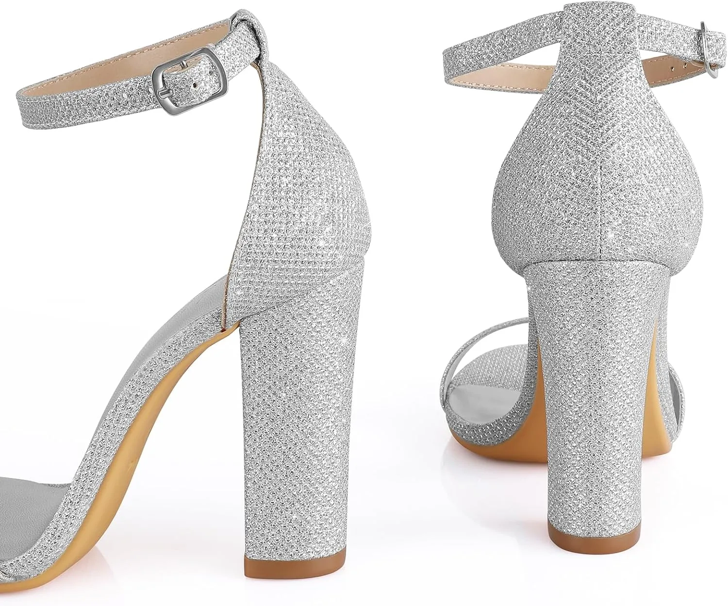 Ankis Nude Black Silver Clear Heels for Women Open Toe Ankle Strap Chunky Heel Pump Sandals Party Wedding Strappy Buckle Sandals Standard Size 4 Inches Tall Thick Heel Design