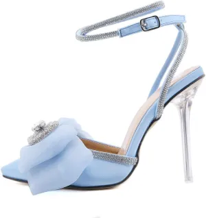 Arqa Pumps for Women Rhinestone Ankle Strap Sandals Clear Heel Satin Stiletto Dress Slingback Shoes