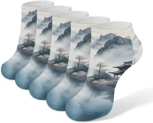 Asian Landscape Painting Ankle Socks for Men & Women, 5 Pairs Breathable Soft Low Cut Socks, Stretch Sweat Wicking Sox