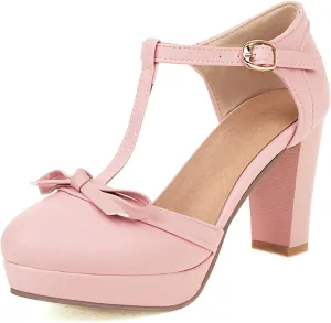 Asterisco Women Block Heel Sandals With Platform T Strap Two Toned High Heels Round Toe Buckle Fashion Mary Jane Shoes, Size 2-12.5