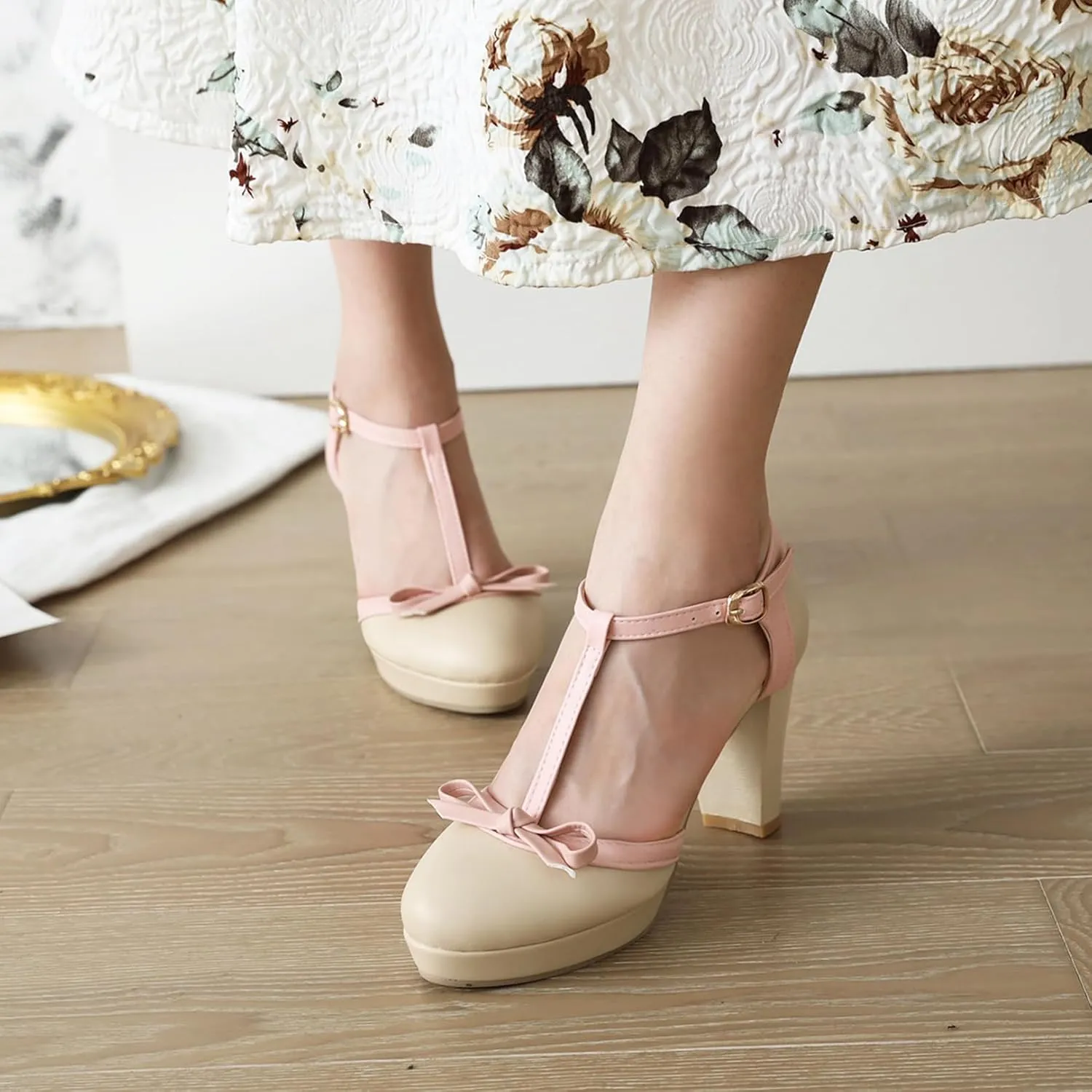 Asterisco Women Block Heel Sandals With Platform T Strap Two Toned High Heels Round Toe Buckle Fashion Mary Jane Shoes, Size 2-12.5