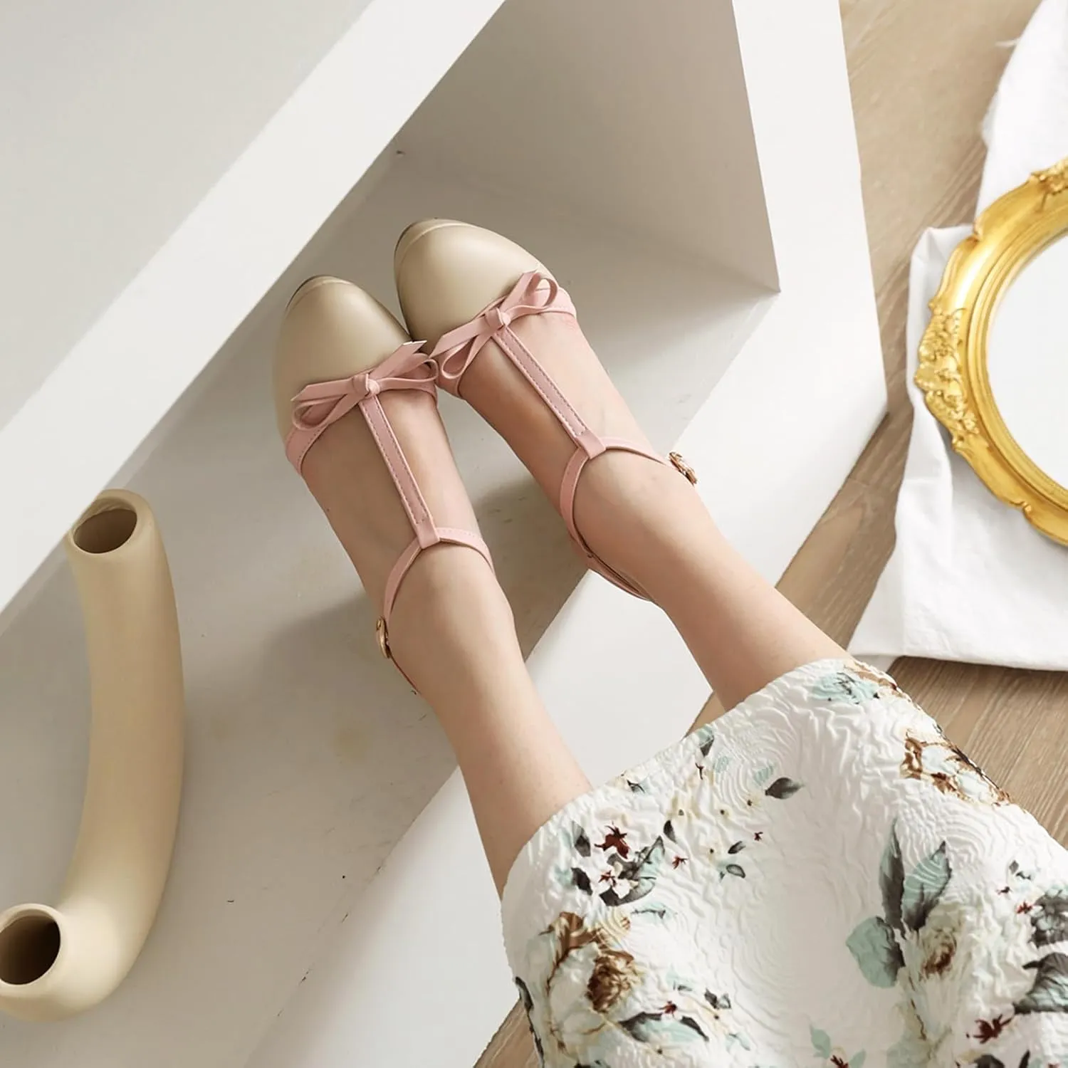 Asterisco Women Block Heel Sandals With Platform T Strap Two Toned High Heels Round Toe Buckle Fashion Mary Jane Shoes, Size 2-12.5