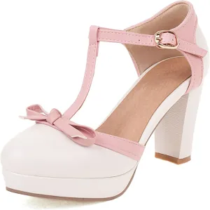 Asterisco Women Block Heel Sandals With Platform T Strap Two Toned High Heels Round Toe Buckle Fashion Mary Jane Shoes, Size 2-12.5