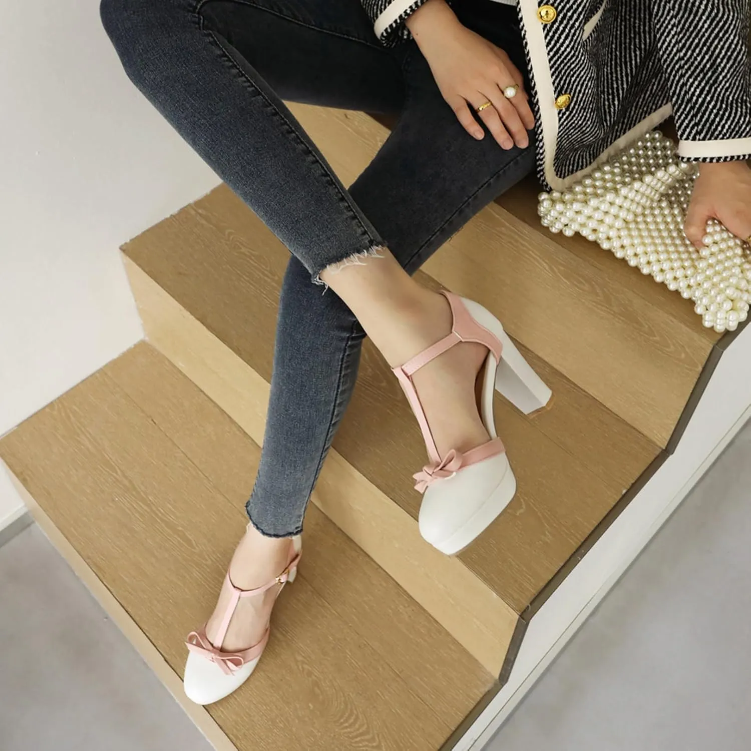 Asterisco Women Block Heel Sandals With Platform T Strap Two Toned High Heels Round Toe Buckle Fashion Mary Jane Shoes, Size 2-12.5