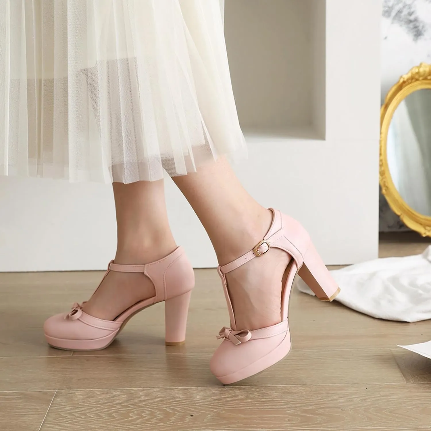 Asterisco Women Block Heel Sandals With Platform T Strap Two Toned High Heels Round Toe Buckle Fashion Mary Jane Shoes, Size 2-12.5
