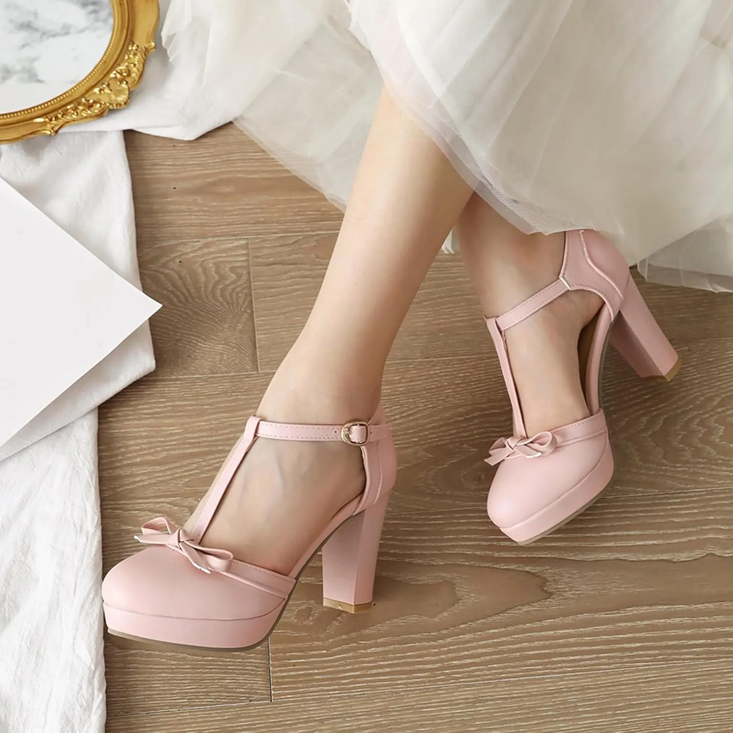 Asterisco Women Block Heel Sandals With Platform T Strap Two Toned High Heels Round Toe Buckle Fashion Mary Jane Shoes, Size 2-12.5