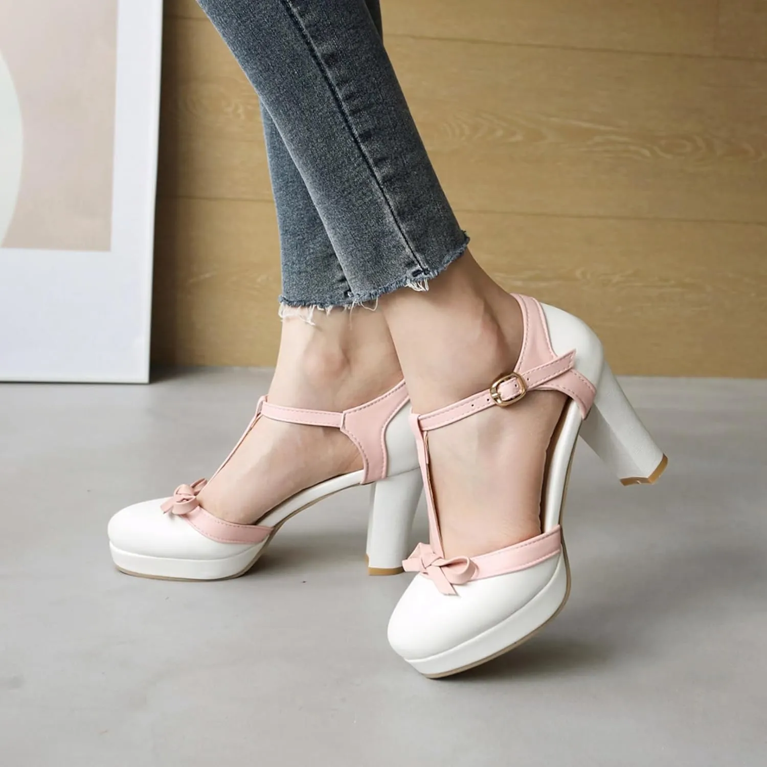 Asterisco Women Block Heel Sandals With Platform T Strap Two Toned High Heels Round Toe Buckle Fashion Mary Jane Shoes, Size 2-12.5