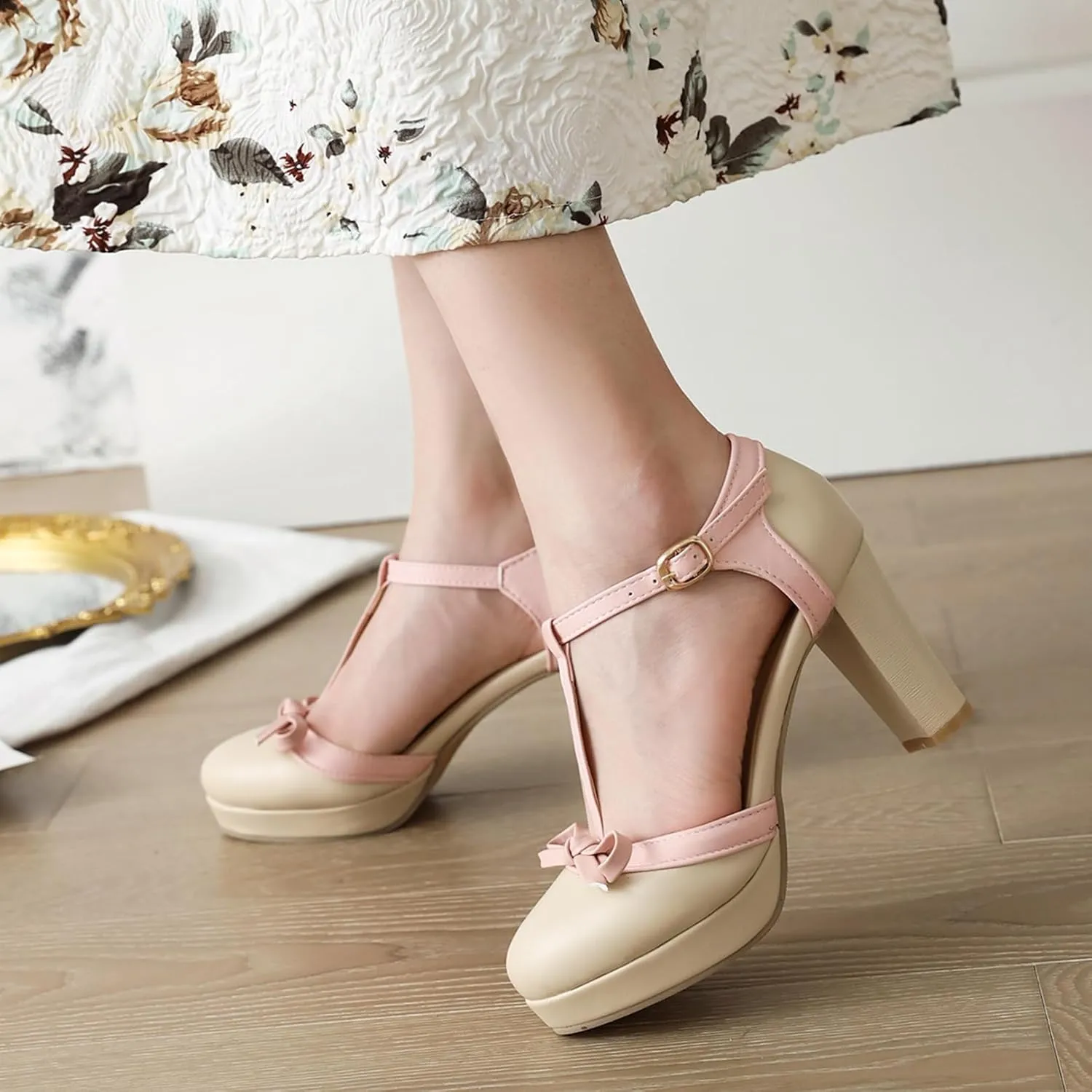 Asterisco Women Block Heel Sandals With Platform T Strap Two Toned High Heels Round Toe Buckle Fashion Mary Jane Shoes, Size 2-12.5