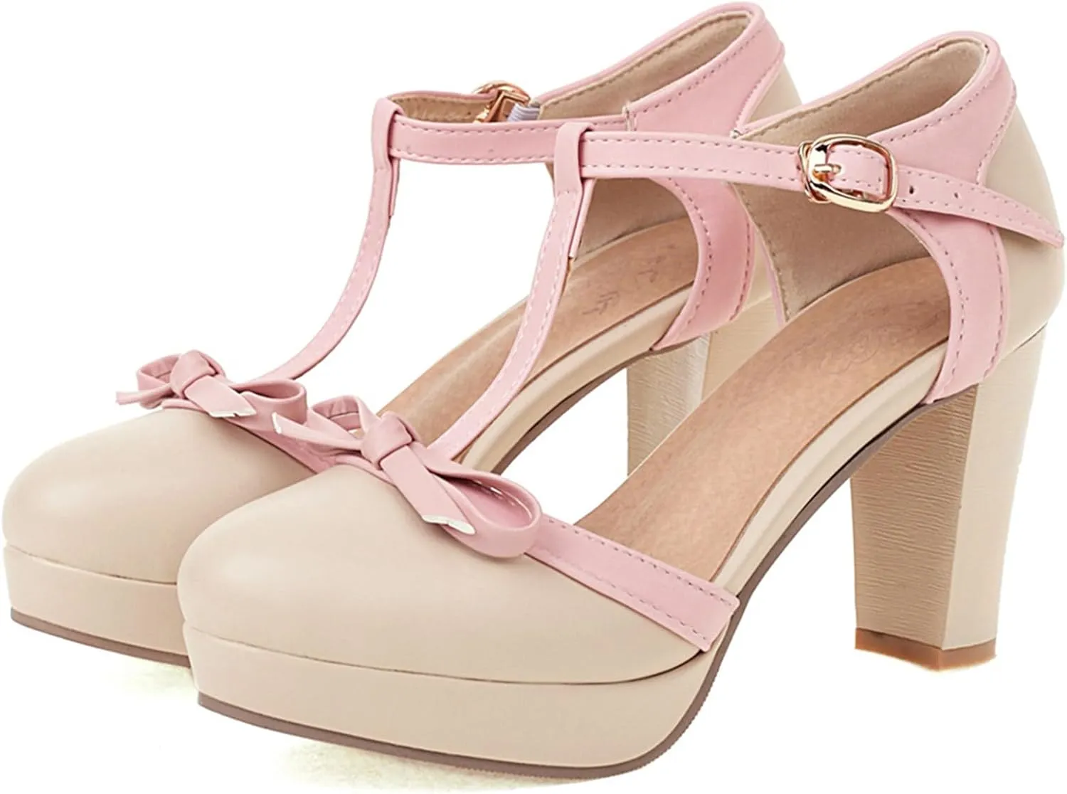 Asterisco Women Block Heel Sandals With Platform T Strap Two Toned High Heels Round Toe Buckle Fashion Mary Jane Shoes, Size 2-12.5