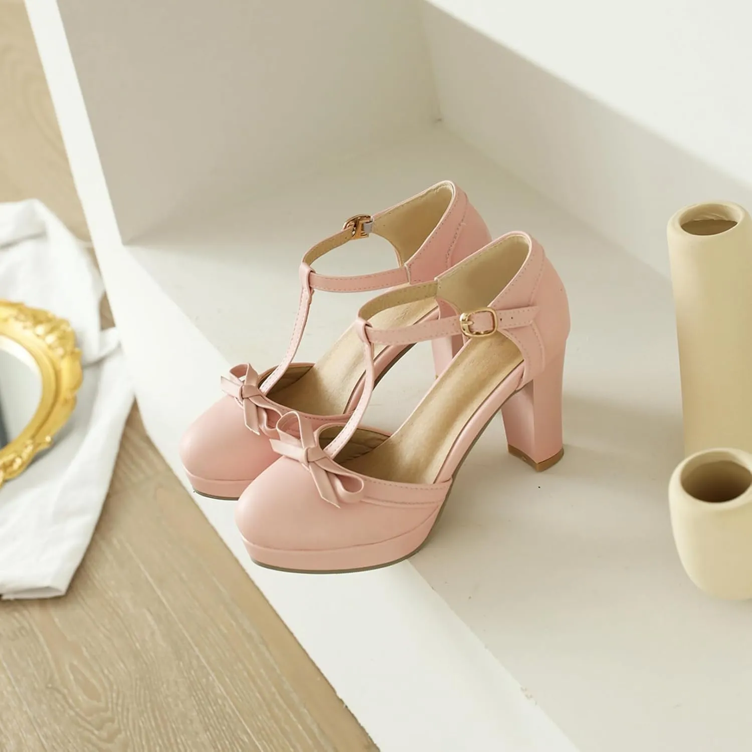 Asterisco Women Block Heel Sandals With Platform T Strap Two Toned High Heels Round Toe Buckle Fashion Mary Jane Shoes, Size 2-12.5