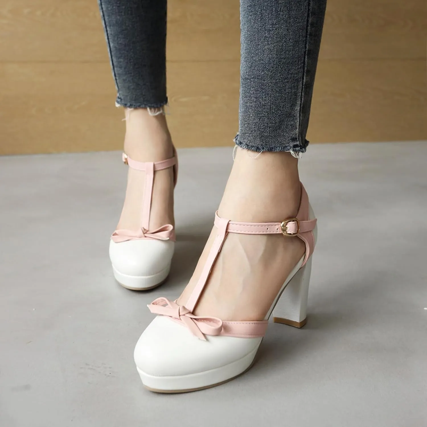 Asterisco Women Block Heel Sandals With Platform T Strap Two Toned High Heels Round Toe Buckle Fashion Mary Jane Shoes, Size 2-12.5