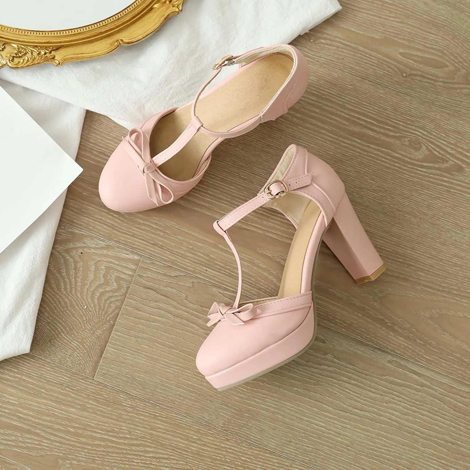 Asterisco Women Block Heel Sandals With Platform T Strap Two Toned High Heels Round Toe Buckle Fashion Mary Jane Shoes, Size 2-12.5