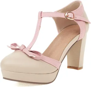 Asterisco Women Block Heel Sandals With Platform T Strap Two Toned High Heels Round Toe Buckle Fashion Mary Jane Shoes, Size 2-12.5