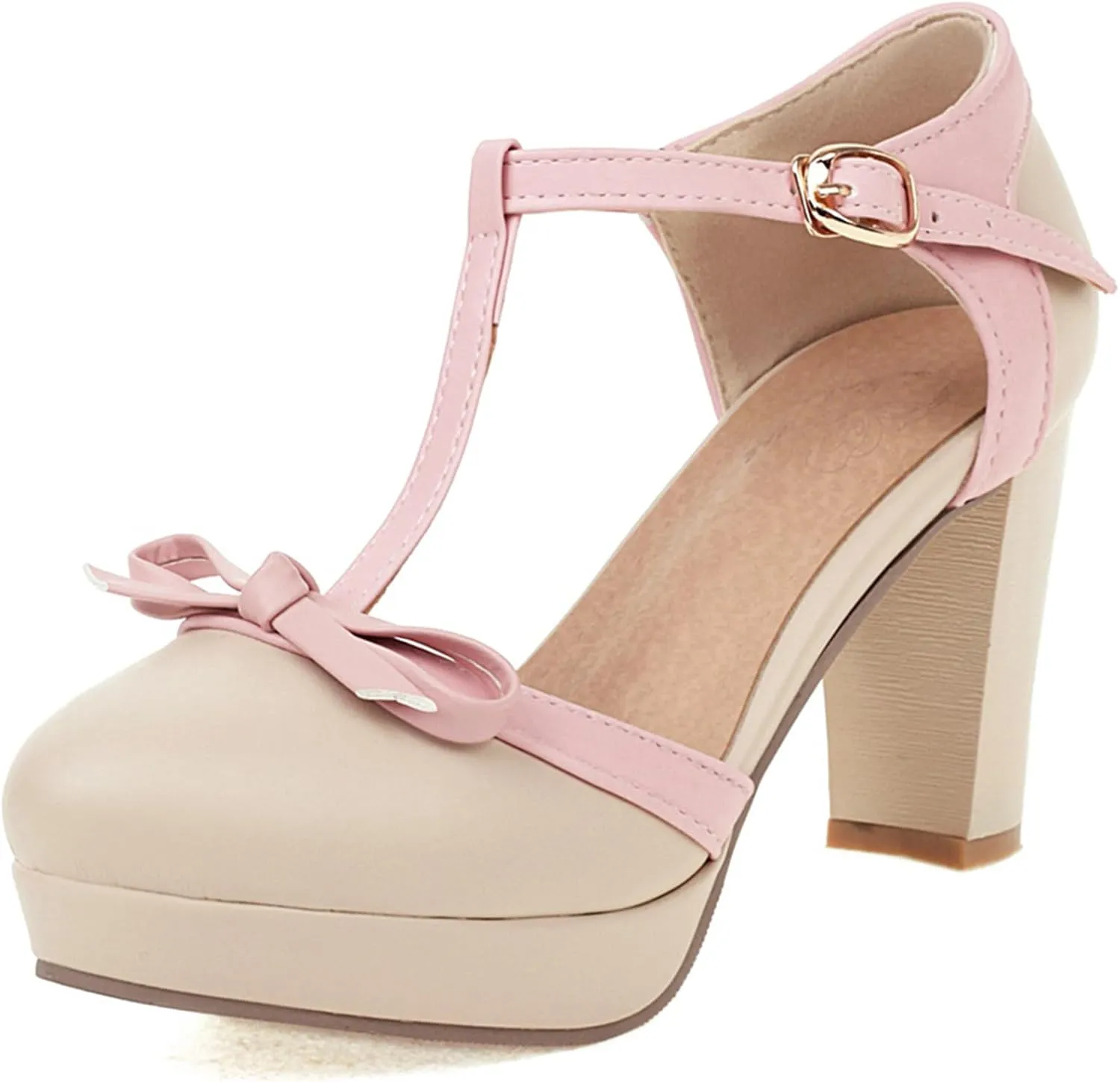 Asterisco Women Block Heel Sandals With Platform T Strap Two Toned High Heels Round Toe Buckle Fashion Mary Jane Shoes, Size 2-12.5