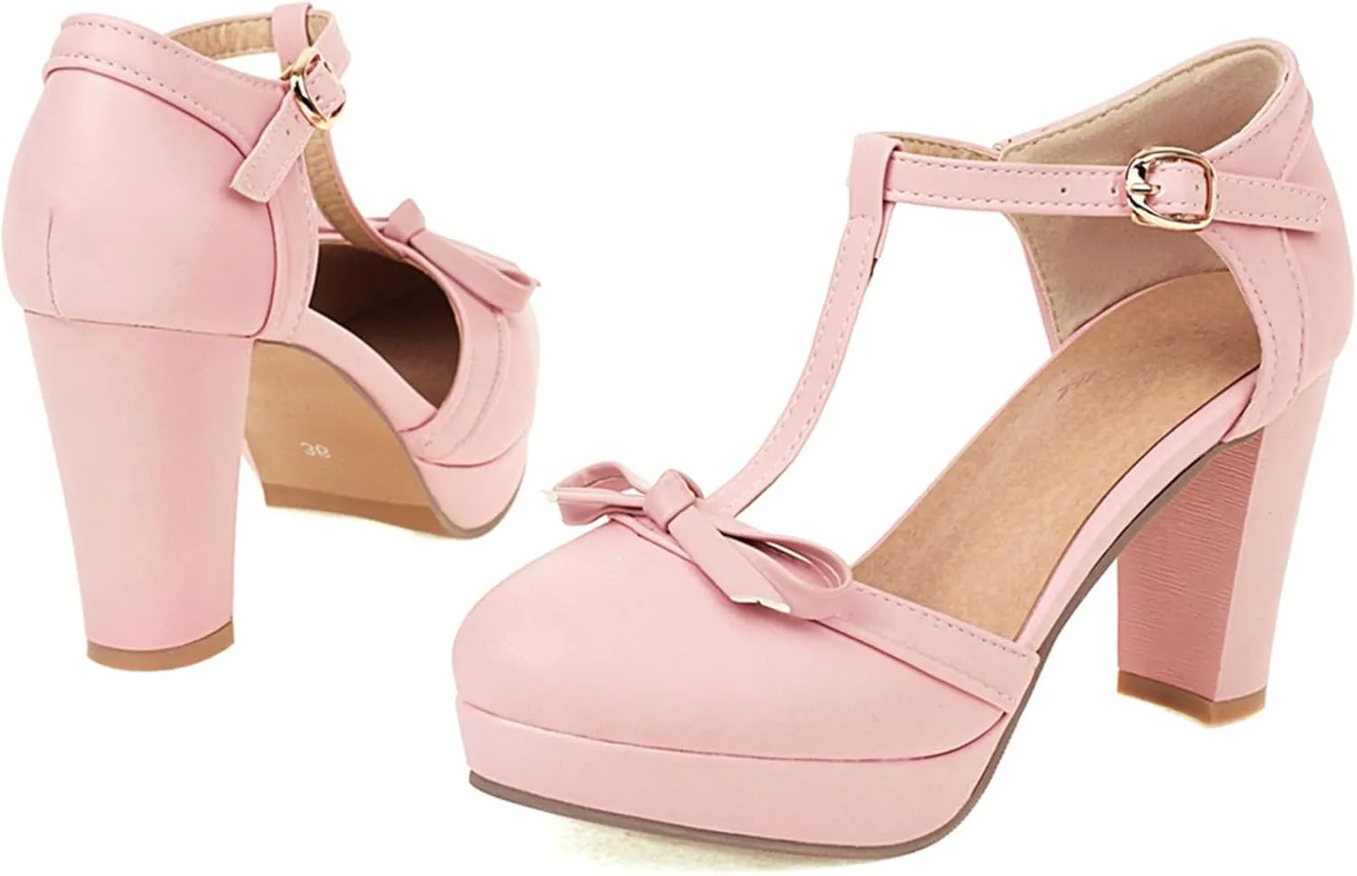 Asterisco Women Block Heel Sandals With Platform T Strap Two Toned High Heels Round Toe Buckle Fashion Mary Jane Shoes, Size 2-12.5