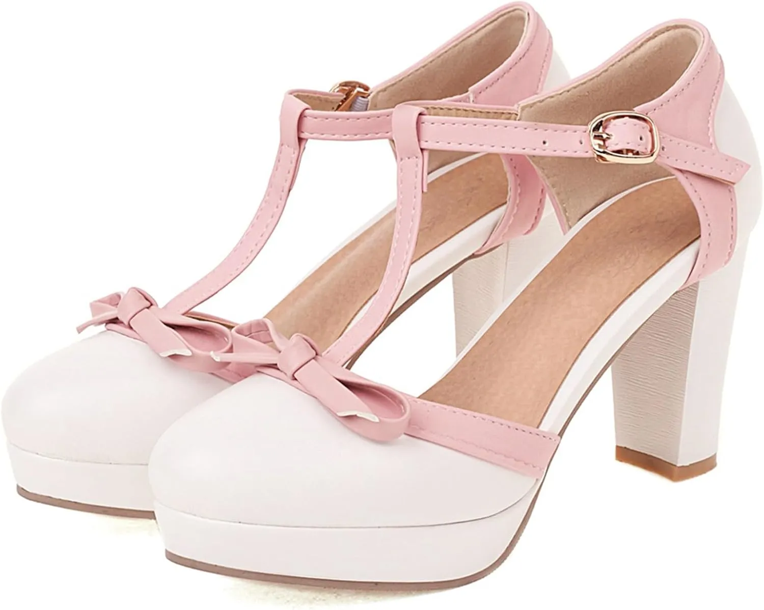 Asterisco Women Block Heel Sandals With Platform T Strap Two Toned High Heels Round Toe Buckle Fashion Mary Jane Shoes, Size 2-12.5