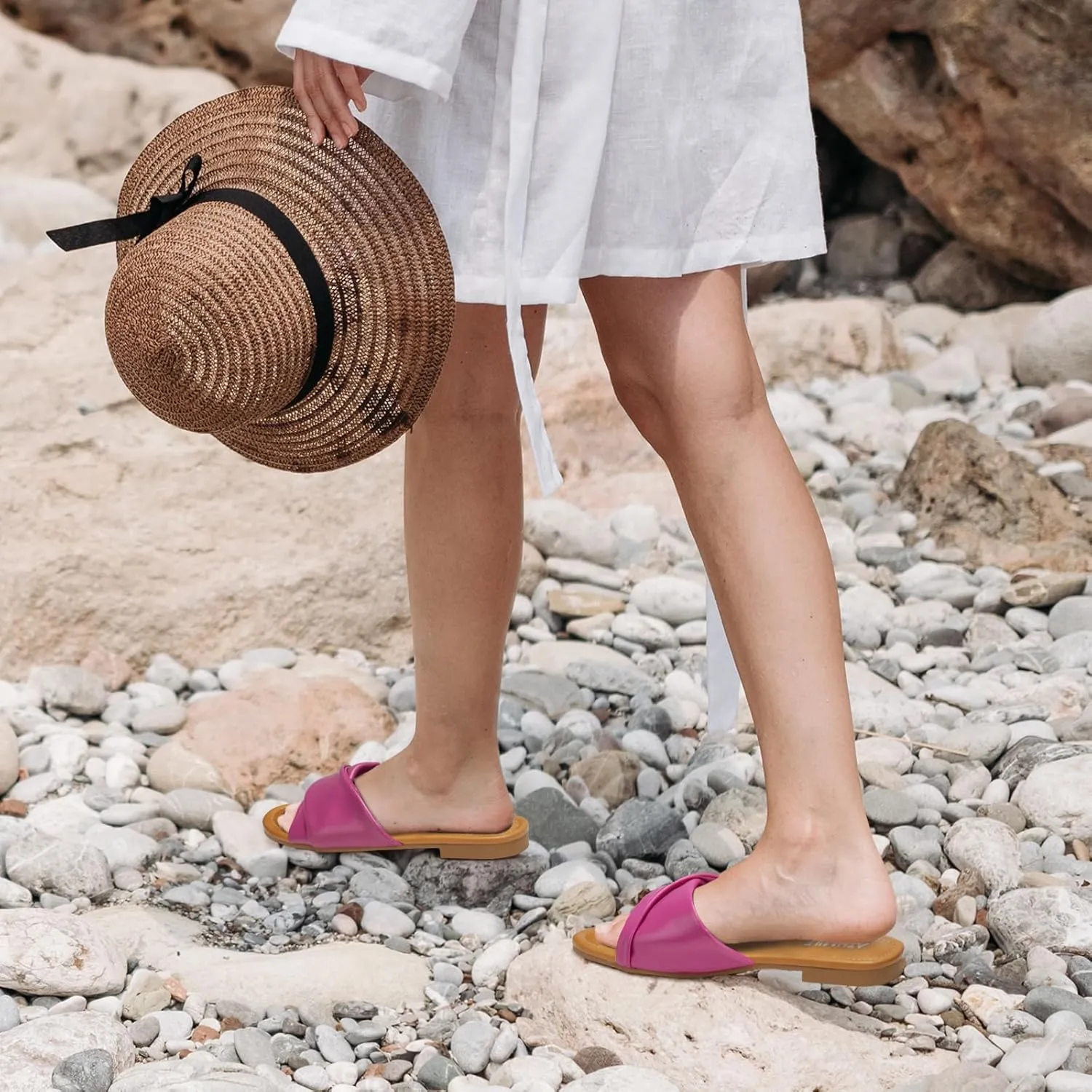 ATHMILE Sandals Women Dressy Summer Flat Comfortable Fashion Beach Cute Ladies Slides Leather Casual Dress Women's Sandals 2025 Size 6-11