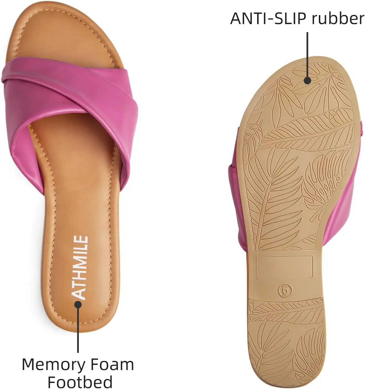 ATHMILE Sandals Women Dressy Summer Flat Comfortable Fashion Beach Cute Ladies Slides Leather Casual Dress Women's Sandals 2025 Size 6-11