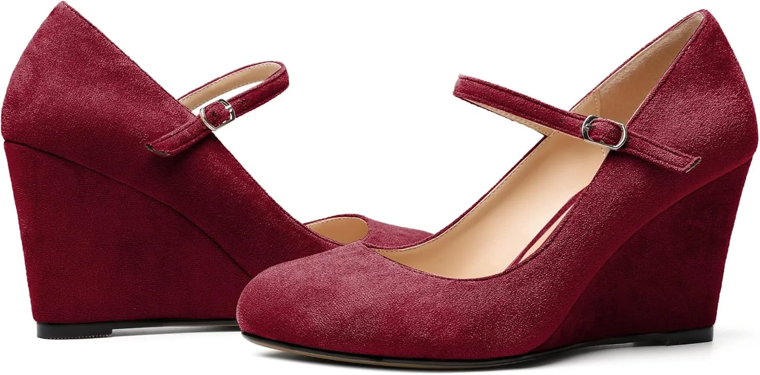 AUMOTED Women Wedge Round Toe Pumps High Heels Mary Jane Ankle Strap with Adjustable Buckle Wedding Party Dress Shoes 3.4 Inches